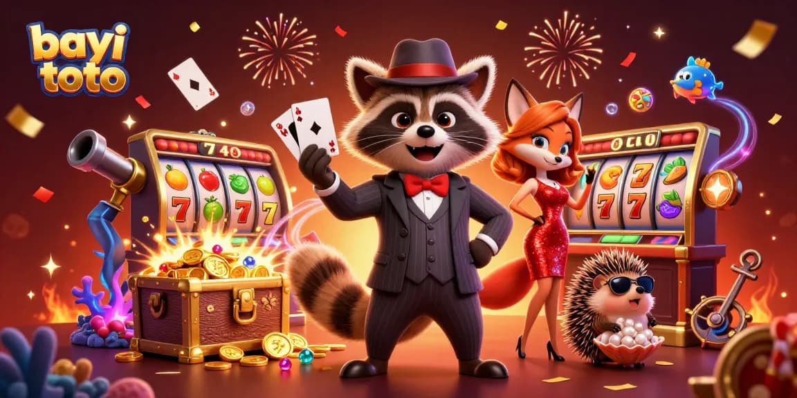 Experience the thrill of bayi toto as the raccoon deals royal flush action in a lively casino.