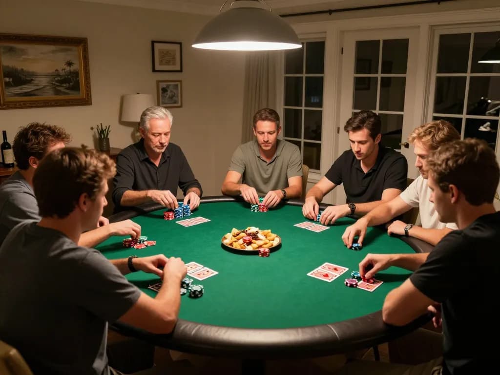 Players enjoying an exciting poker game at home, showcasing strategy for sun win.