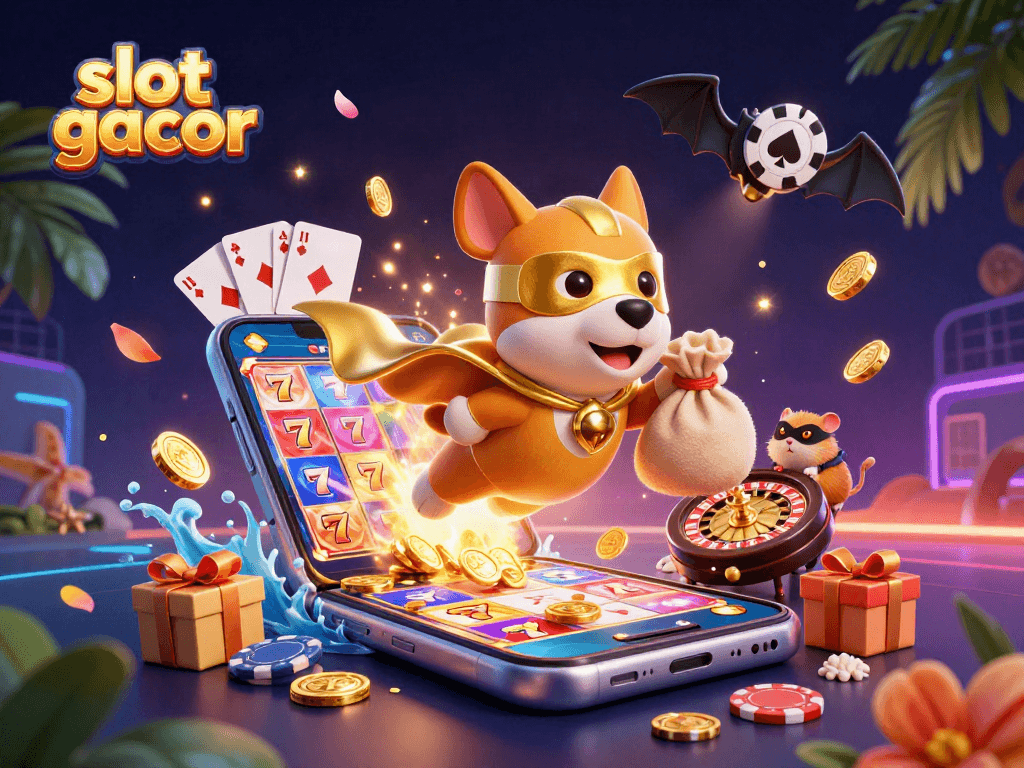 Engage with the thrilling slot gacor experience depicted in a vibrant 3D casino illustration featuring a superhero dog.