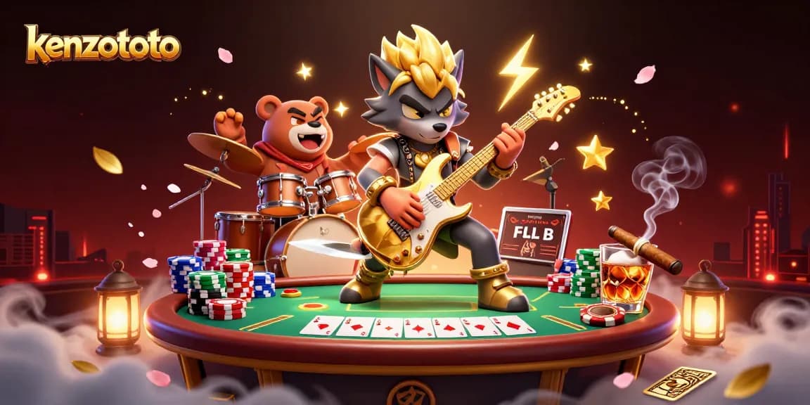 Kenzototo presents an action-packed casino scene featuring a rock star wolf and drummer bear amidst poker excitement.