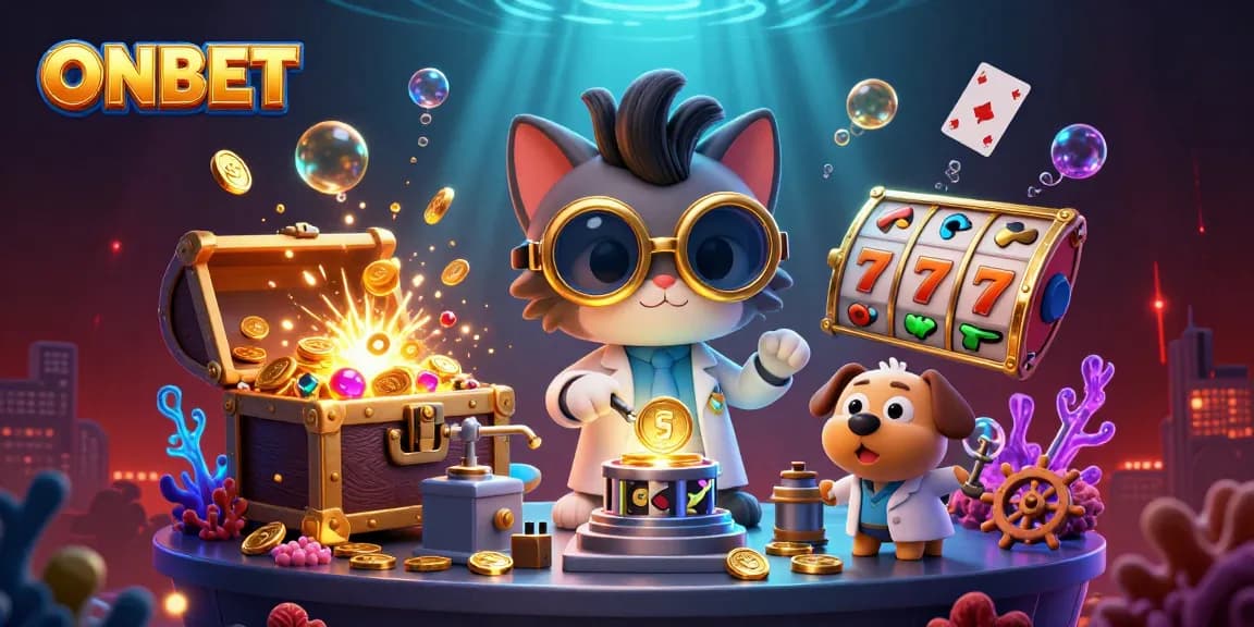 Experience exciting gameplay at ONBET with vibrant slot machines and playful characters in a dynamic casino environment.