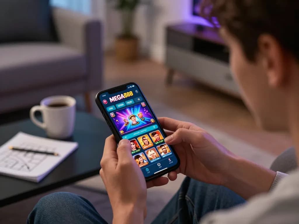 Engaged player exploring MEGA888 app for enhanced gaming experience in cozy home setting.
