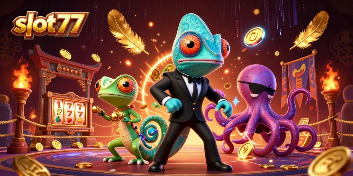 Play dynamic slot77 games with vibrant characters, coins, and jackpots illuminating the scene.