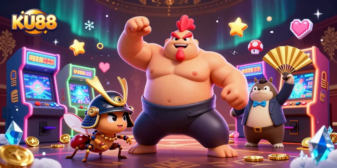 Unleash winning strategies with KU88, featuring a powerful sumo rooster and samurai cricket in a vibrant casino scene.