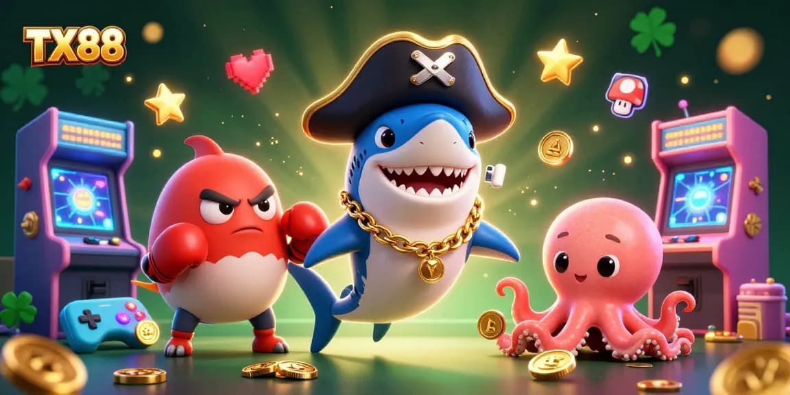 Engage with TX88’s colorful casino adventure featuring a pirate shark, pufferfish, and octopus.
