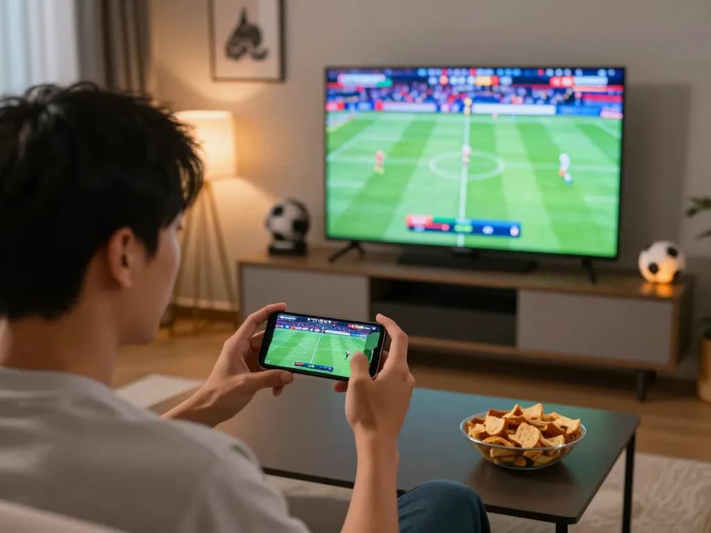 Person actively placing bets on Thể Thao MM99 with smartphone while watching live sports