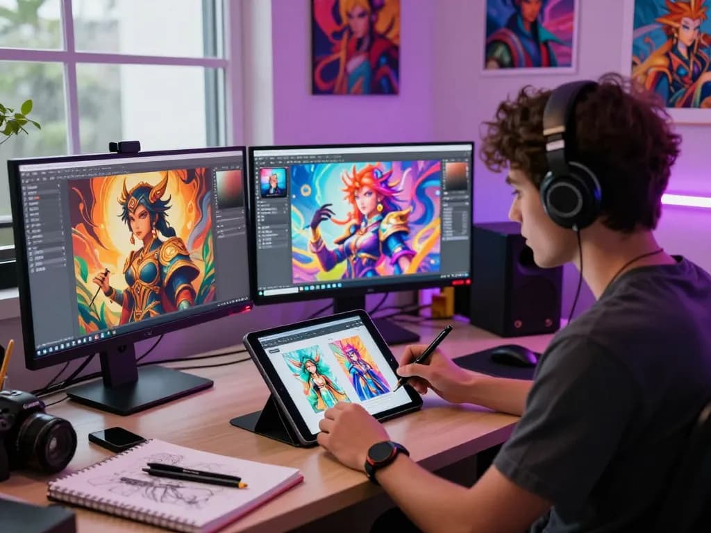 Dynamic scene of NSFW AI character designs created by digital artist in vibrant studio.