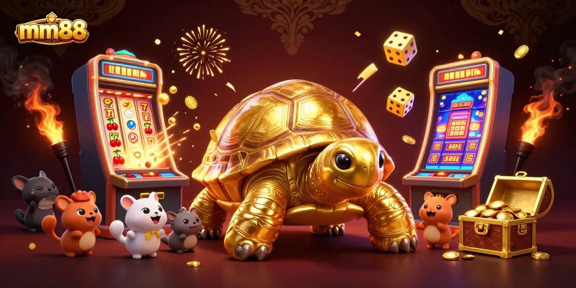 Experience thrilling gameplay at mm88 with a vibrant scene of a golden tortoise, slot machine, and casino elements.