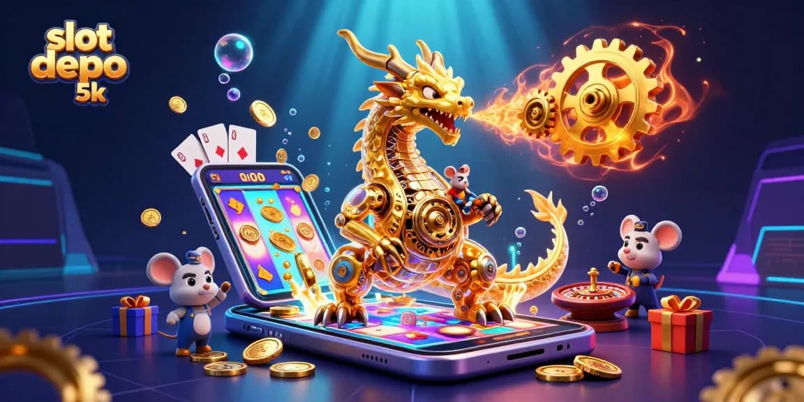 Menangkan permainan pada slot depo 5k dengan karakter naga emas dan elemen kasino yang menarik.
