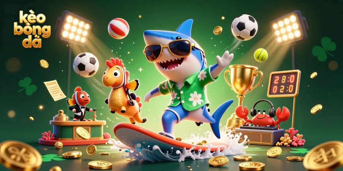 Kèo bóng đá illustration featuring a shark surfing gold coins, clownfish in tuxedo, and crab DJ, all in a vibrant casino atmosphere.