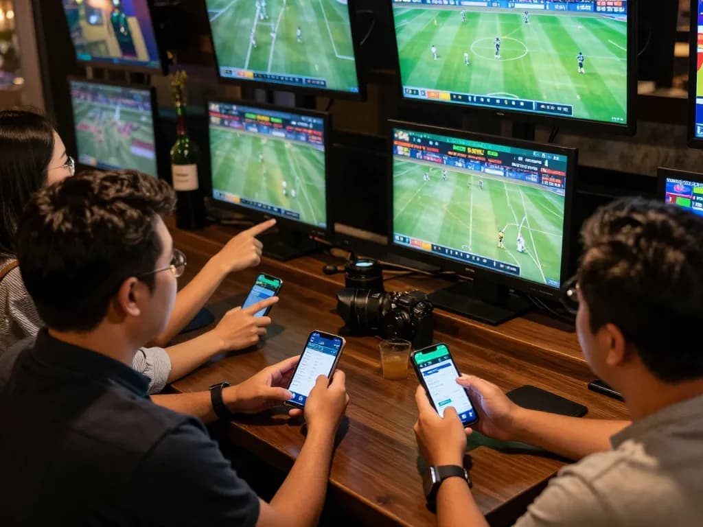 Engaged patrons analyzing kèo nhà cái trực tiếp during a live sports betting event in a vibrant bar.