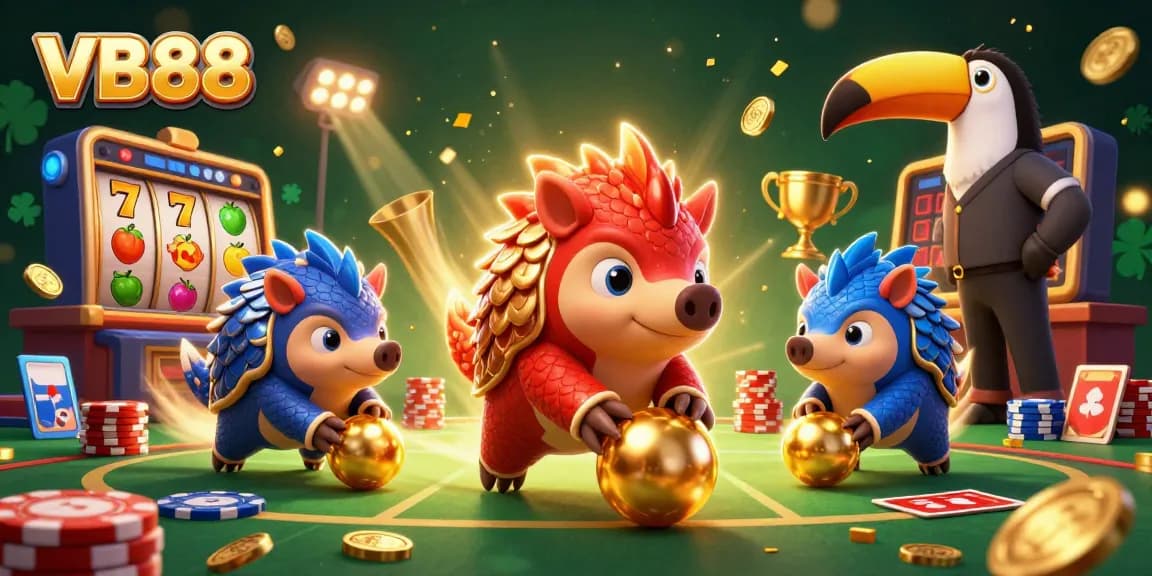 VB88 pangolins competing in a dynamic gambling scene filled with slots, poker chips, and golden coins