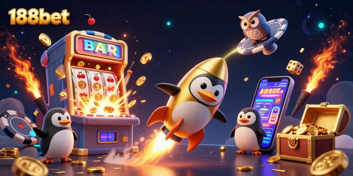 Experience thrilling gameplay at 188bet with a vibrant casino illustration featuring golden coins and slot machines.