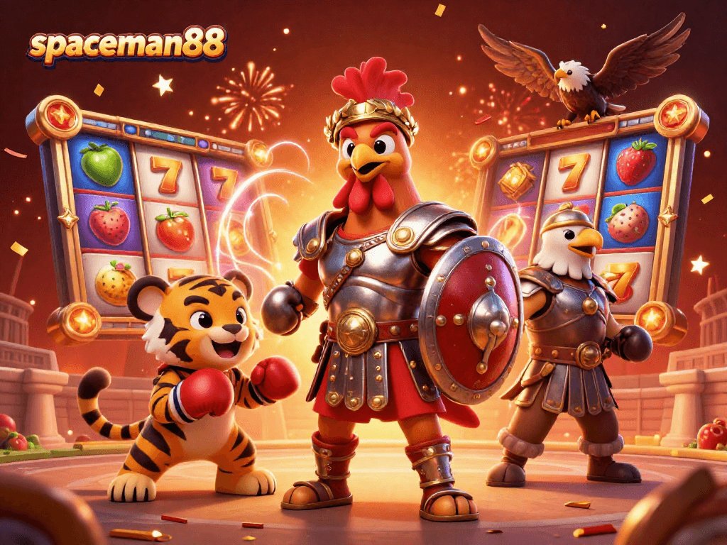 Experience the thrill of winning with spaceman88's vibrant slot game setting and energetic characters.