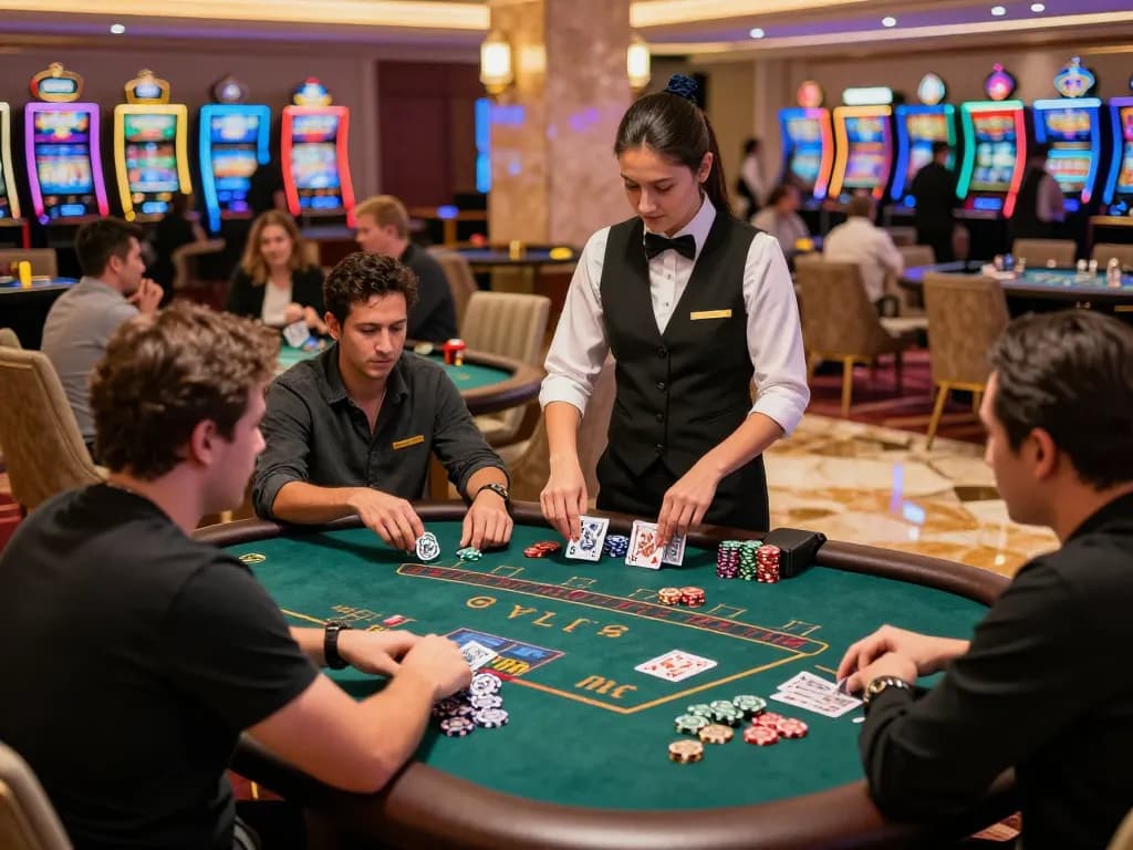 Players engaging in blackjack strategy at Fun88 com, showcasing lively casino atmosphere with professional dealers.