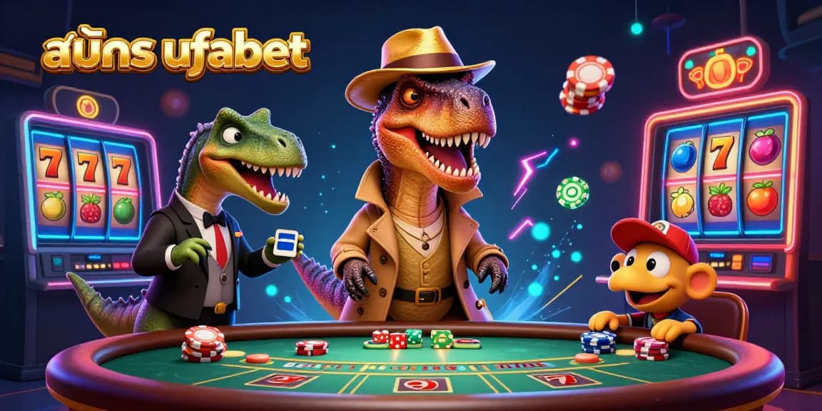 Bet excitingly with สมัคร ufabet while a velociraptor blends in at a busy blackjack table, surrounded by vibrant casino elements.