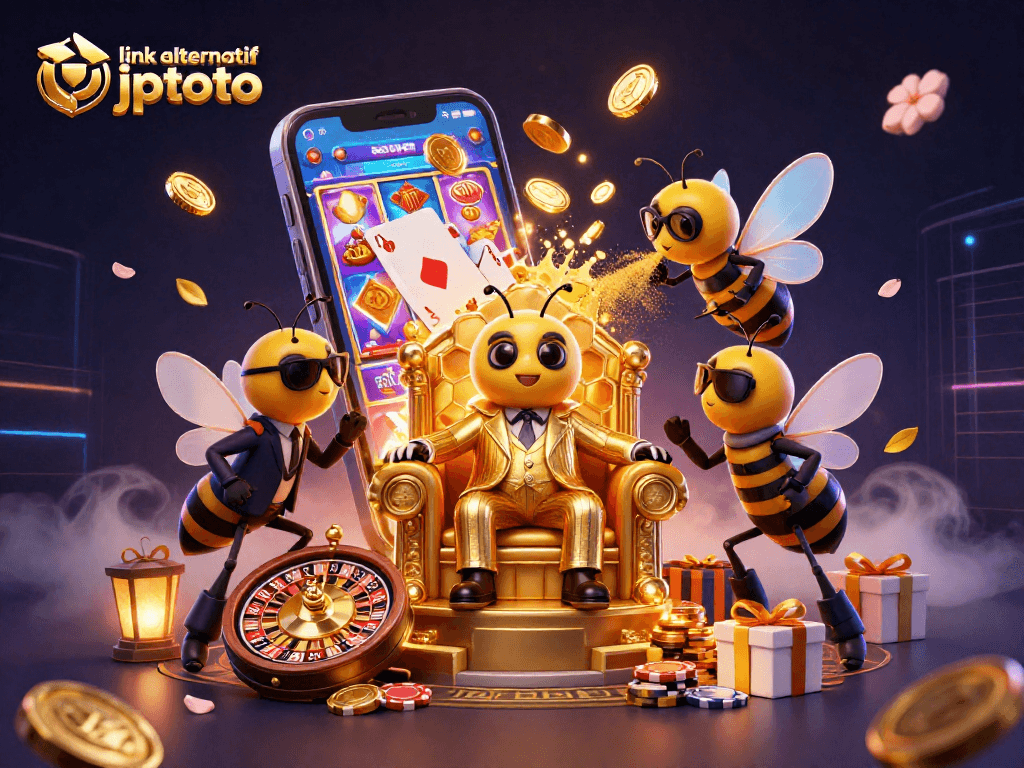 Spin to win with link alternatif jptoto showcasing a vibrant casino scene featuring a bumblebee mob boss.