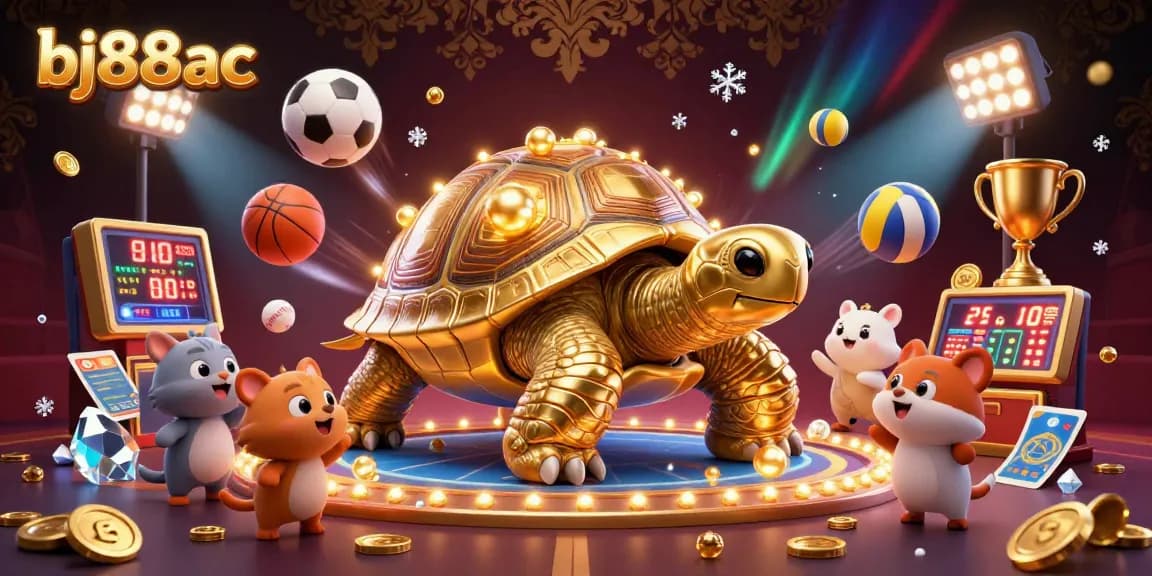Engage with bj88ac's thrilling pinball casino experience featuring a golden tortoise and dynamic sports elements.