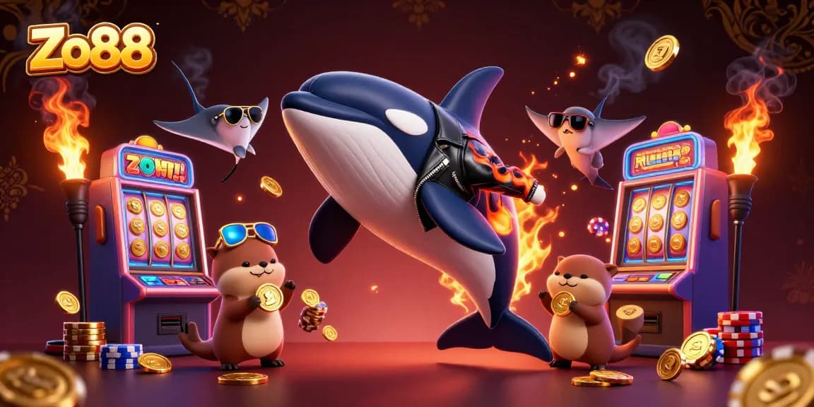 Zo88 players enjoy vibrant slot machines and dynamic casino scenes featuring orca whale and sea otters.