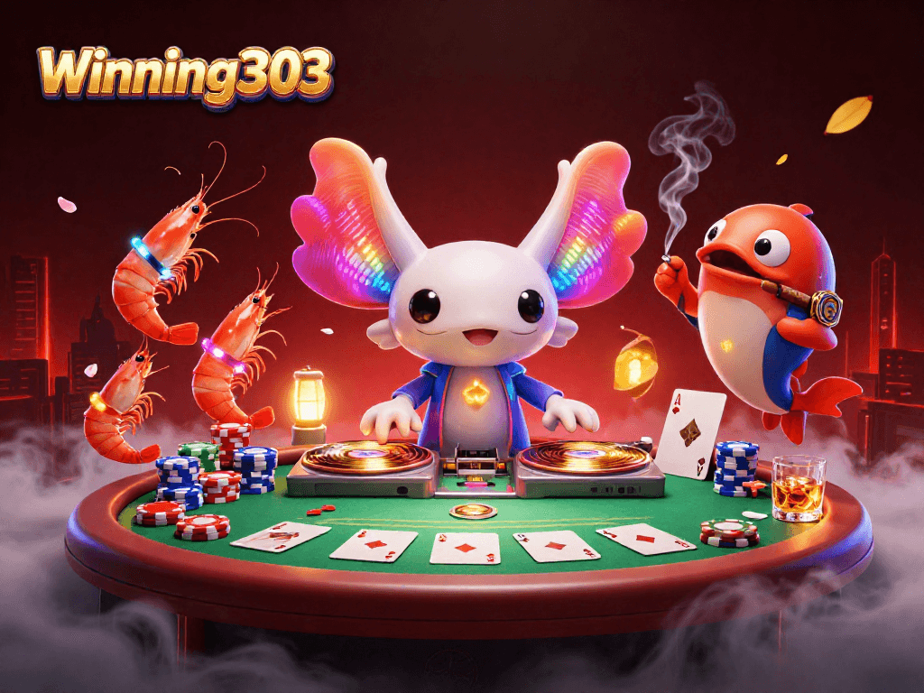 winning303 showcases a colorful casino scene with neon axolotl DJ spinning and poker elements.