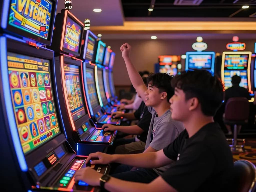 Sparking excitement at situs slot gacor as players celebrate wins under vibrant neon lights and colorful slot machines.