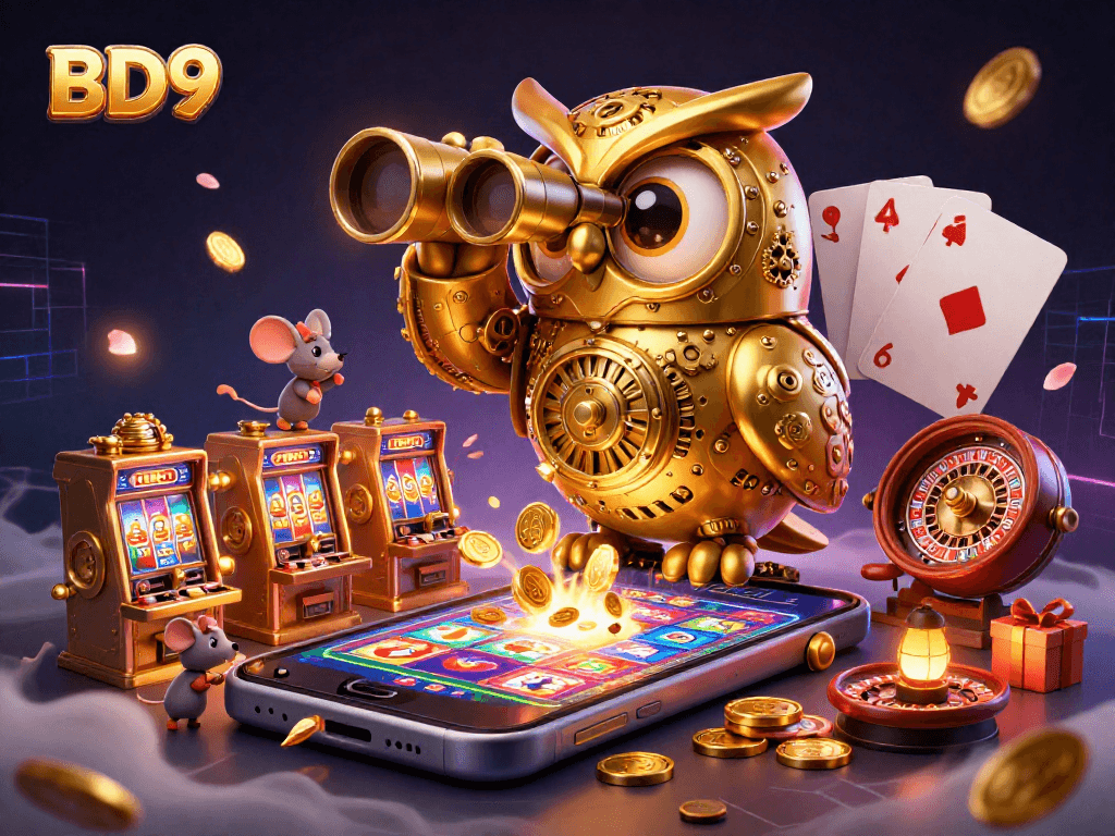 BD9 enhances the gaming experience with a vibrant illustrated scene of a clockwork owl and dynamic casino elements.