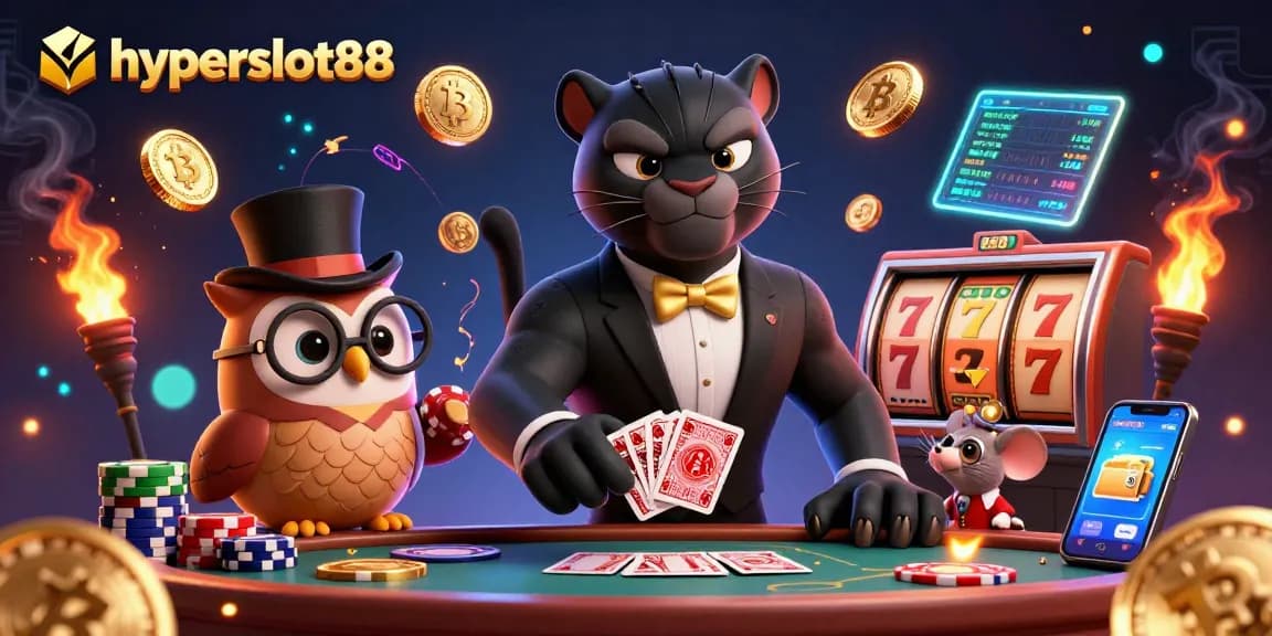 Experience thrilling jackpots with hyperslot88 featuring a stylish panther dealer, an owl, and a lucky mouse.