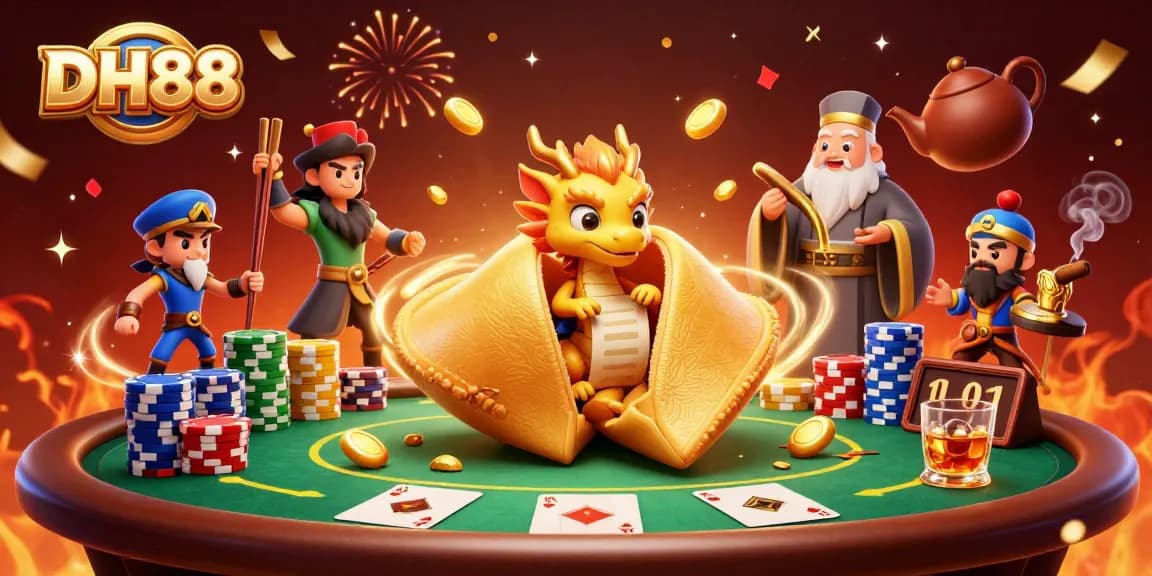 Experience thrilling moments at DH88 with golden fortune cookies, poker chips, and vibrant casino energy.