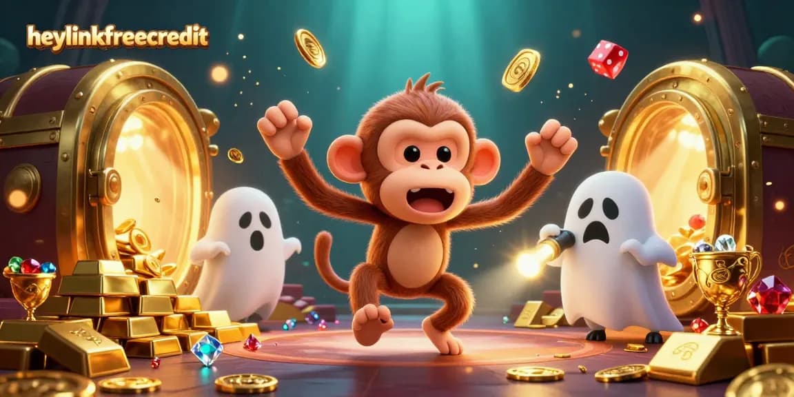 heylinkfreecredit showcases a playful poltergeist monkey juggling gold in a haunted casino.