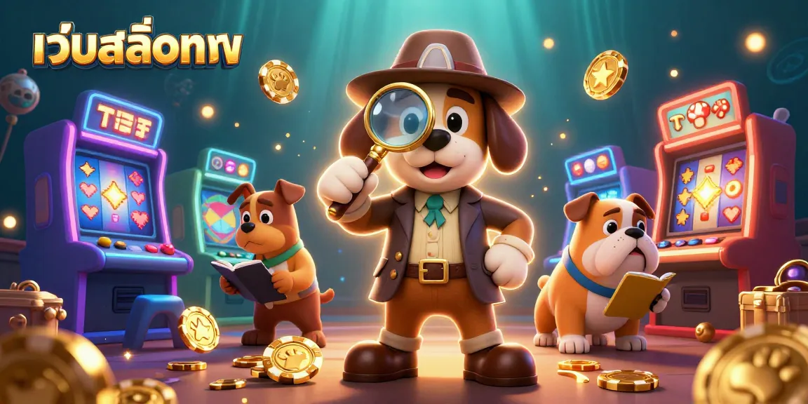 Engage with เว็บสล็อตตรง through a vivid illustration of a detective exploring a vibrant casino world filled with slot game elements.