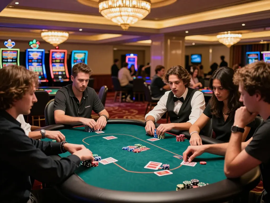 Players in a lively poker game at vt88 casino with chips and cards shown in action.