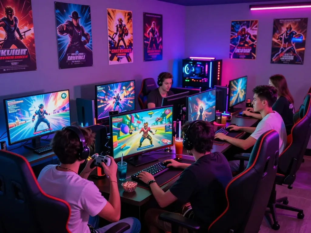 Friends enjoying a fun adult game night in a vibrant gaming lounge atmosphere.