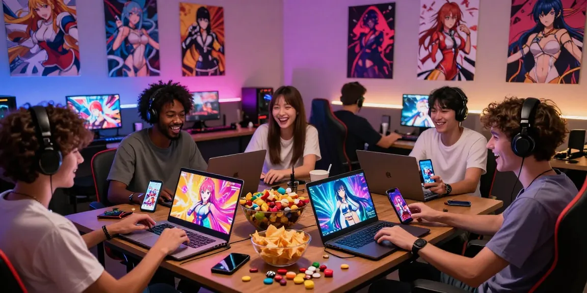 Group enjoying hentai game session in a vibrant gaming lounge with colorful screens and snacks.