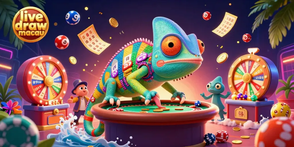 Menyaksikan live draw macau dengan chameleon kasino berwarna-warni dikelilingi bola lotere dan elemen kasino.