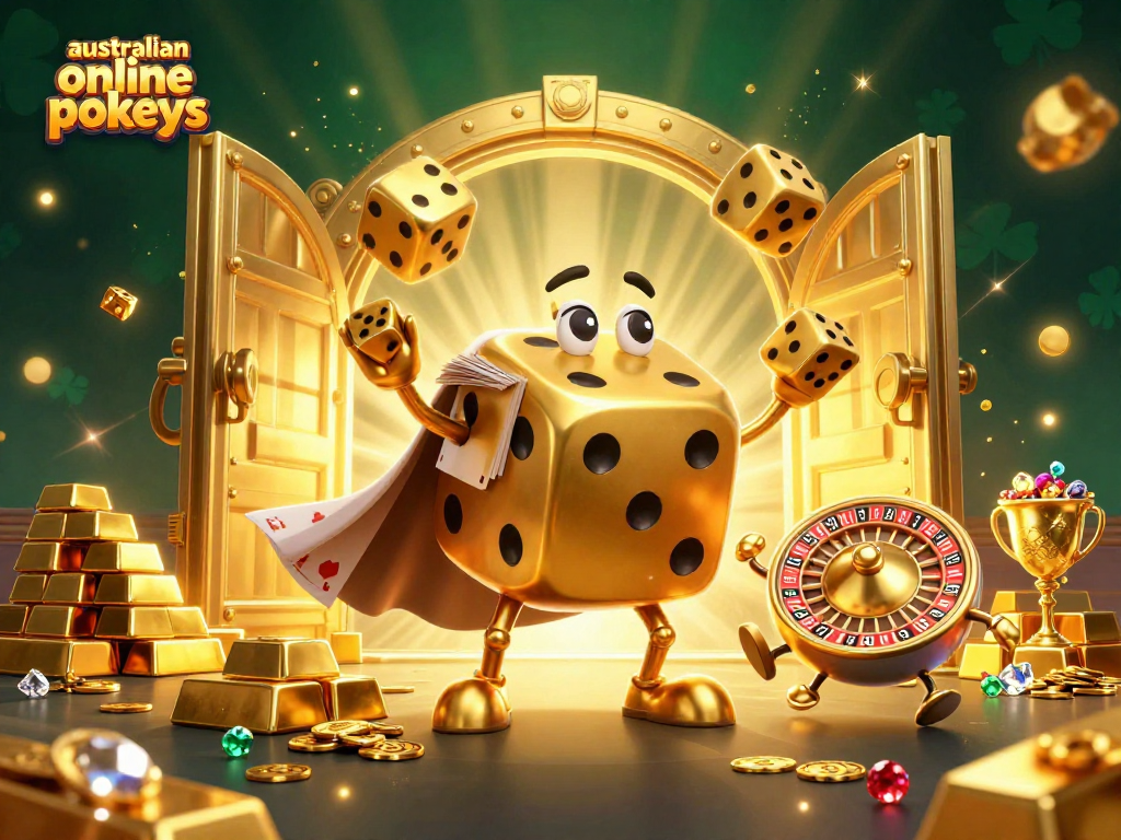 Play exciting australian online pokies with golden dice characters in a rich casino environment.