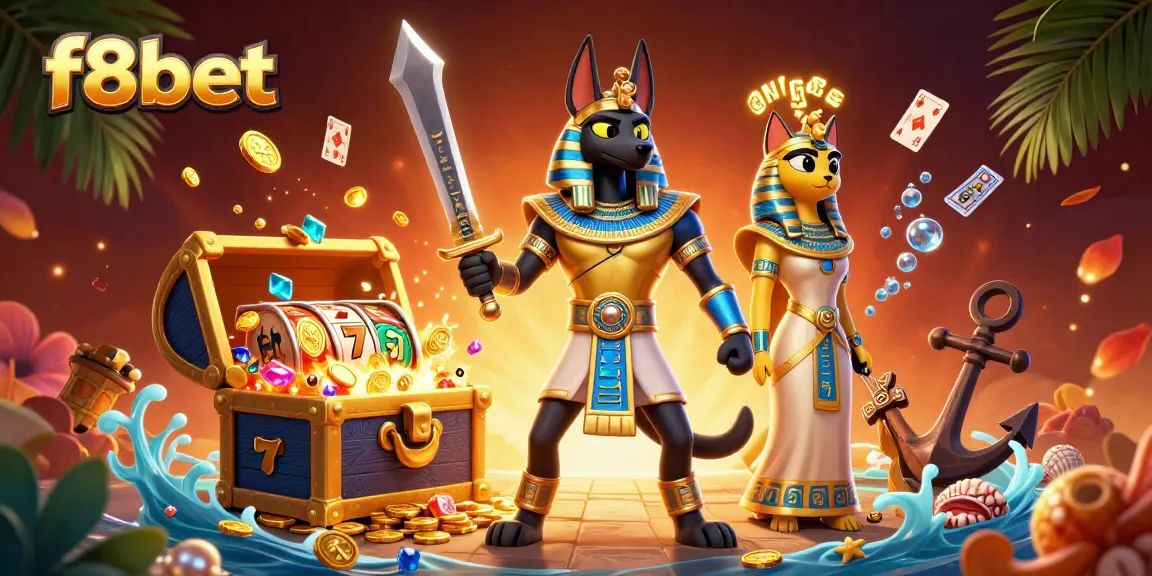 Experience the excitement of f8bet with an epic jackpot scene featuring ancient Egyptian characters and vibrant casino elements.