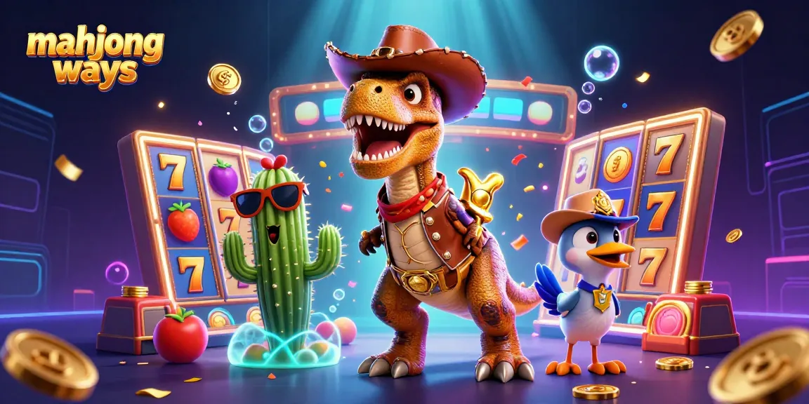 Capture excitement in mahjong ways with a dynamic scene featuring a T-Rex cowboy, cactus sidekick, and roadrunner amidst slot reels and confetti.