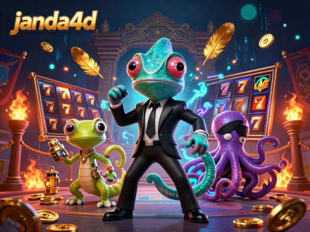 Gambar ilustrasi 3D janda4d dengan tokoh karakter bunglon, gecko, dan gurita dalam adegan main slot.