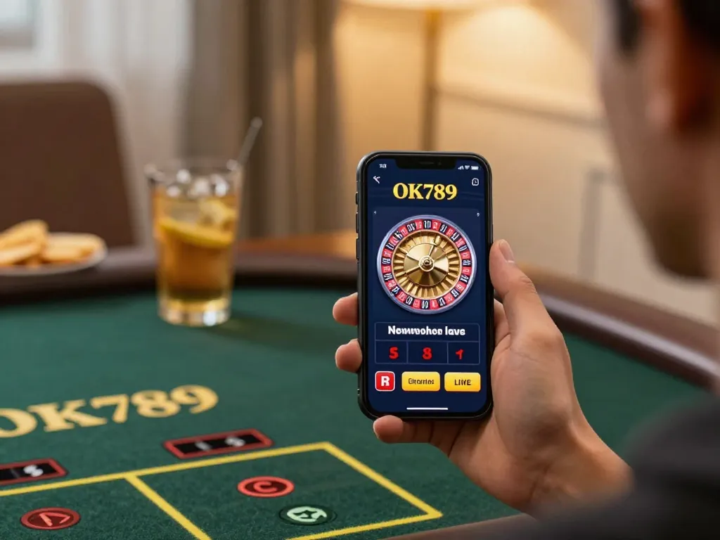 Playing casino games on the OK789 mobile app in a cozy home setting.