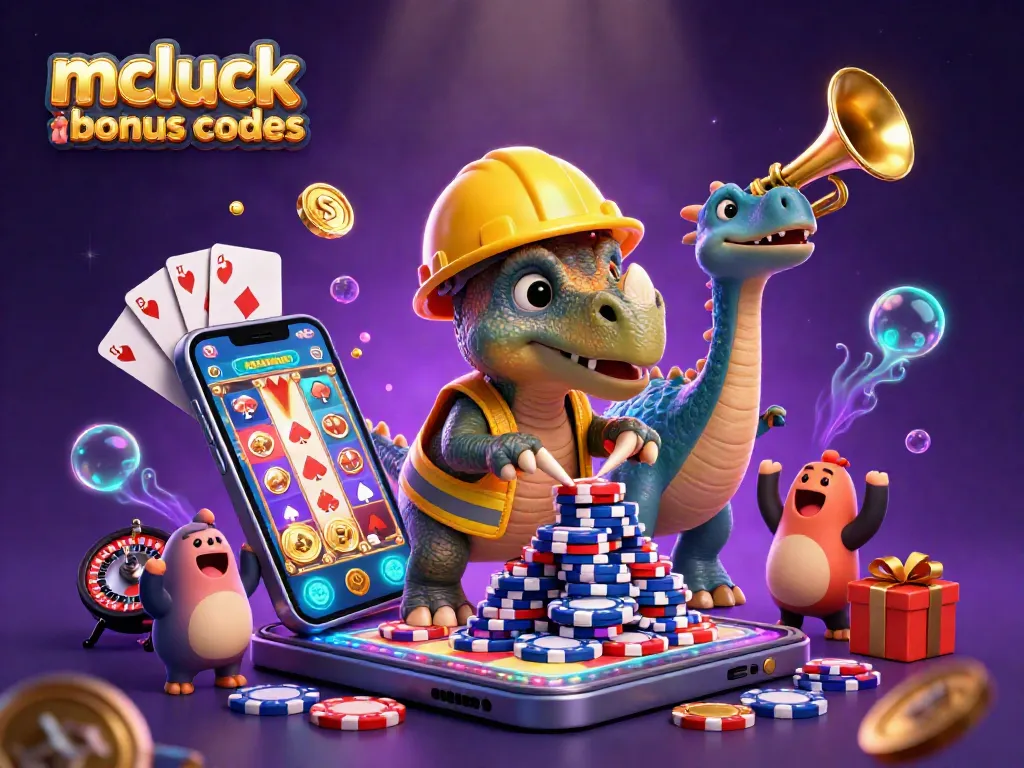 Celebrate with mcluck casino bonus codes as a triceratops builds a chip pyramid in a vibrant casino scene.