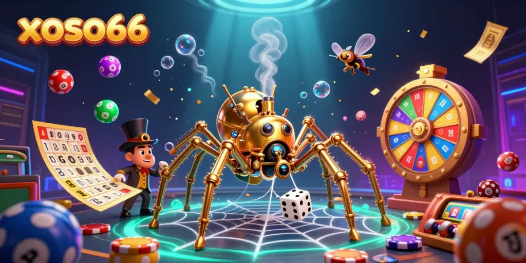 Engage with xoso66 in a vibrant casino scene featuring a golden spider and dynamic lottery elements.