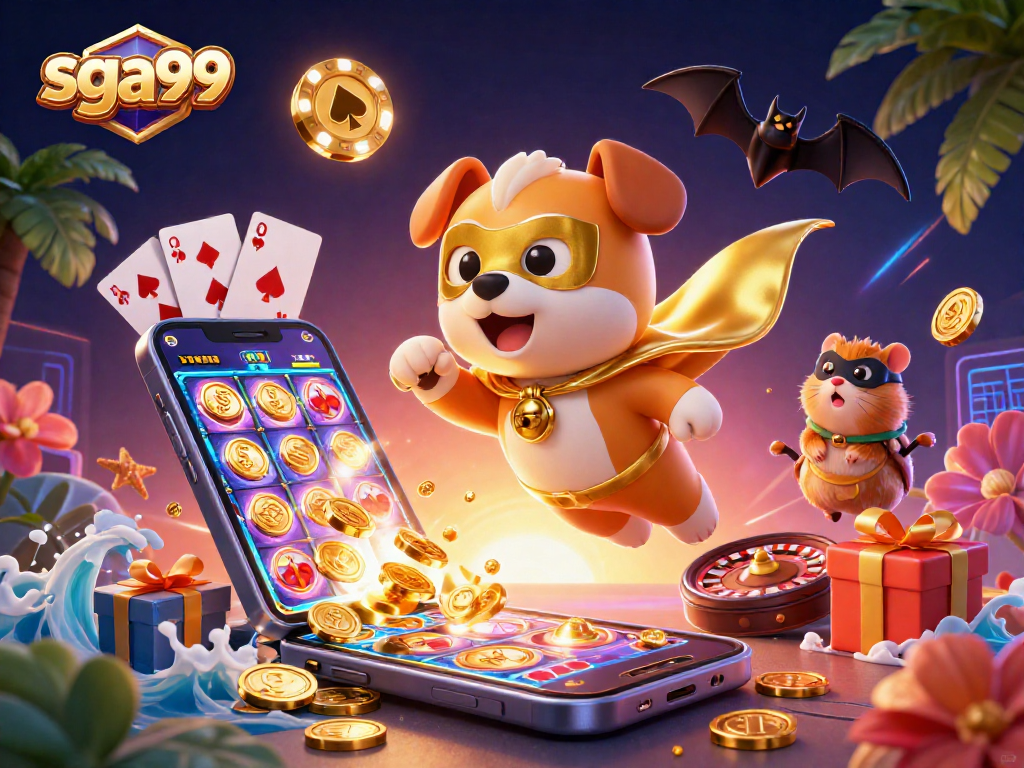 Experience thrilling wins with sga99 as the superhero dog flies, surrounded by exciting casino elements.
