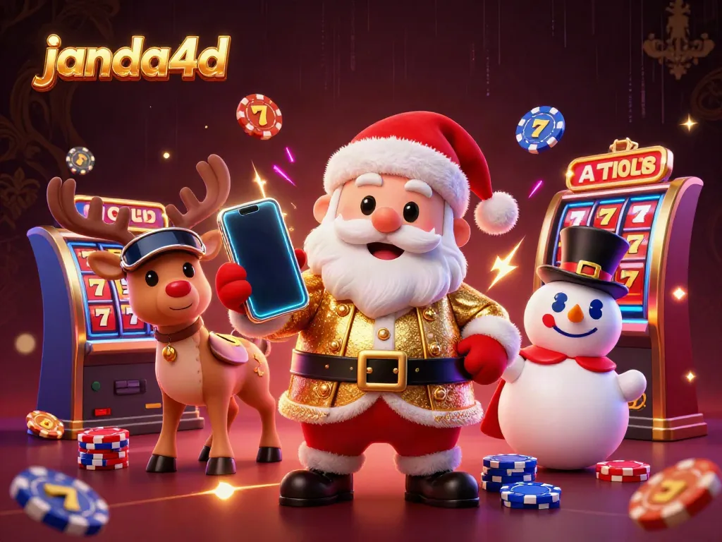 JANDA4D menghadirkan slot jack pot dengan karakter Santa dan teman-teman dalam suasana kasino yang meriah.