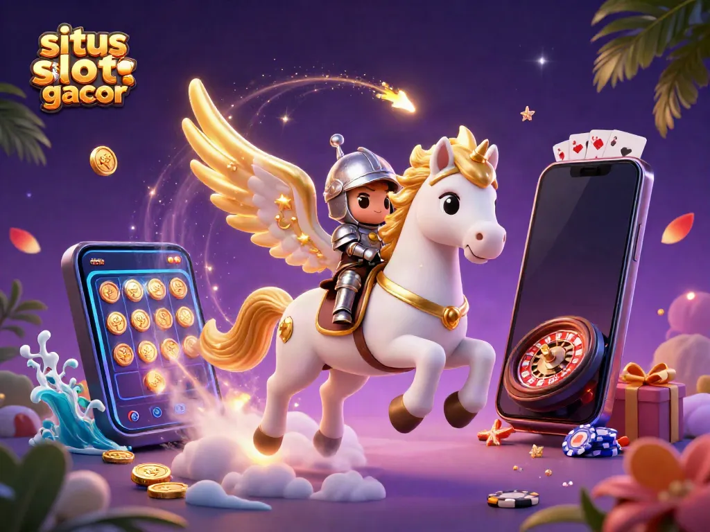 Gambarkan situs slot gacor dengan pemandangan kuda putih bersayap emas, permainan slot, dan efek magis.