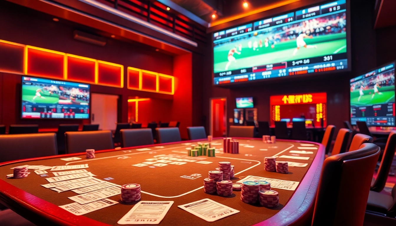 Betting strategies illustrated with vibrant poker chips and betting slips in a dynamic sports betting atmosphere, เทคนิคแทงบอล.