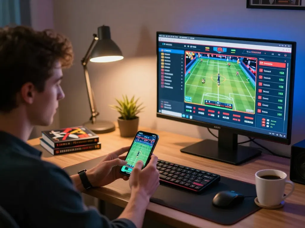 Engaging scene of online sports betting on smartphone, showcasing ดูหนังใหม่ gaming strategy notes.