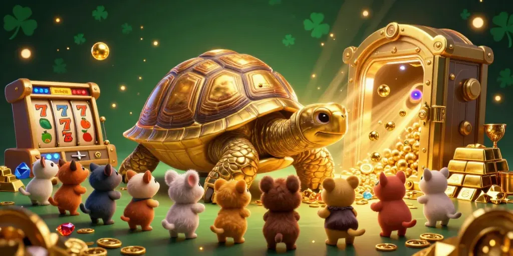 Bermain slot online dengan mesin pinball kura-kura emas di tengah harta karun dan gemerlap.