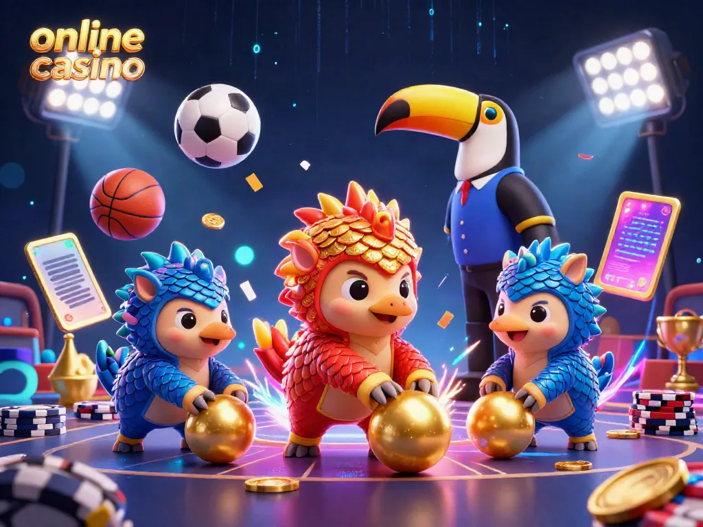 Experience an online casino adventure with animated pangolins bowling through poker chips amidst sports elements.
