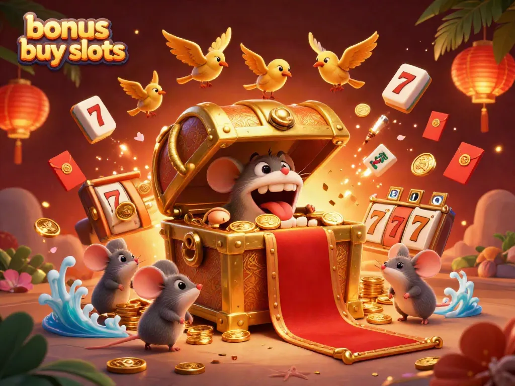 Engage with bonus buy slots featuring a golden treasure chest and adventurer mice in a vibrant casino scene.