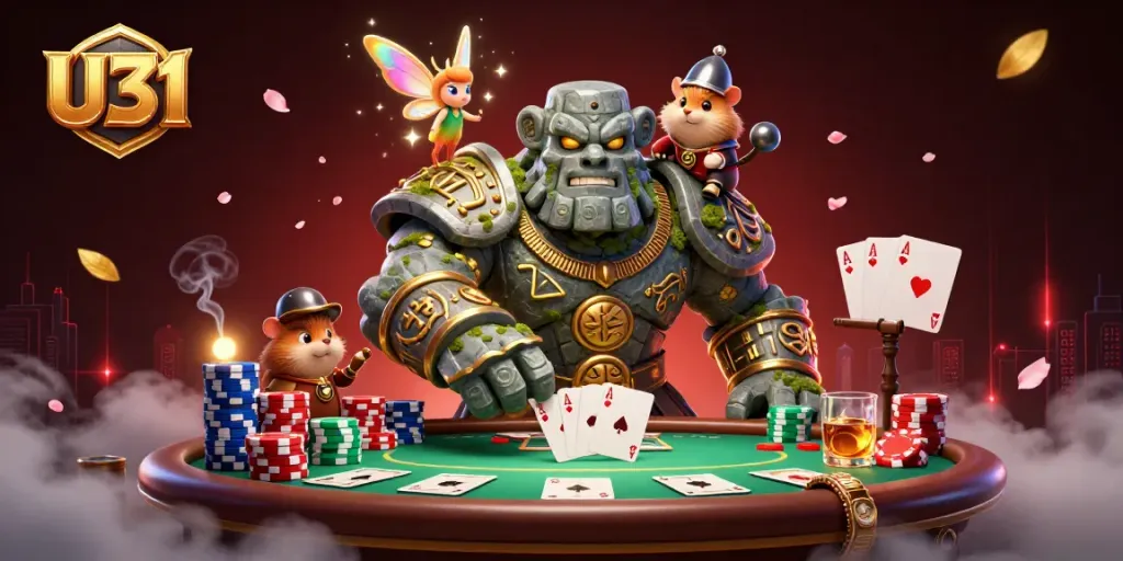 Experience U31's thrilling poker action with a magical golem, fairy, and hamster knight in this dynamic casino scene.